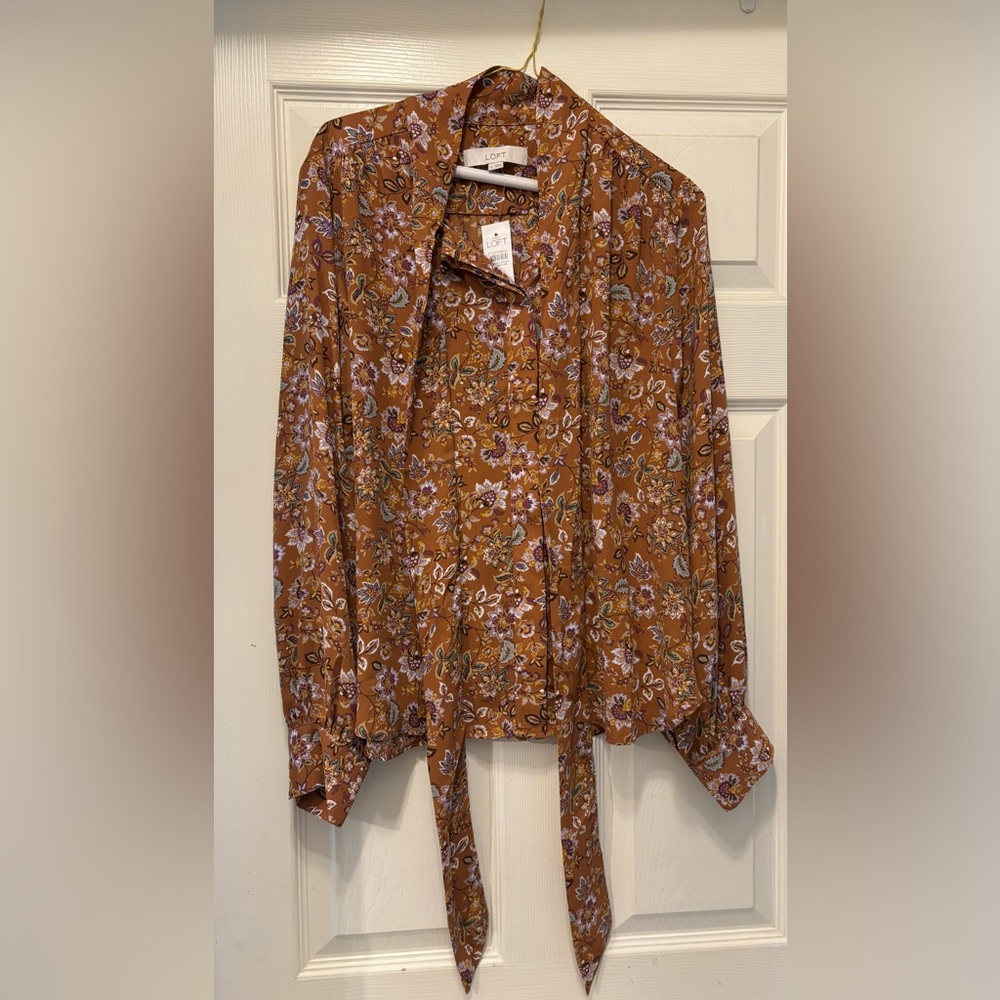 LOFT Floral Bow Blouse | Color: Argan Oil | Medium Regular